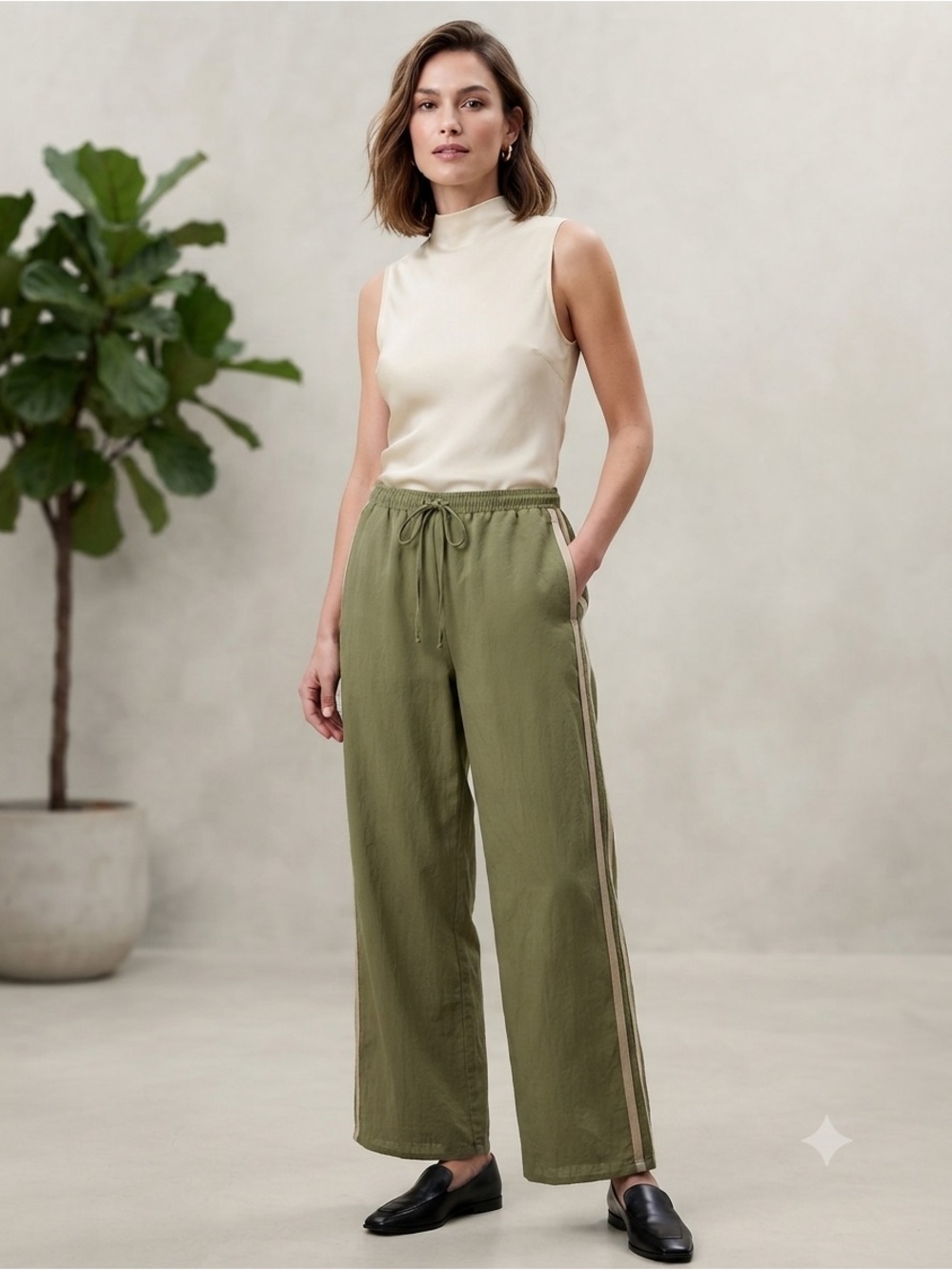 Sienna Sky Sage Lighweight Wide Leg Joggers with Tan Side Stripes
